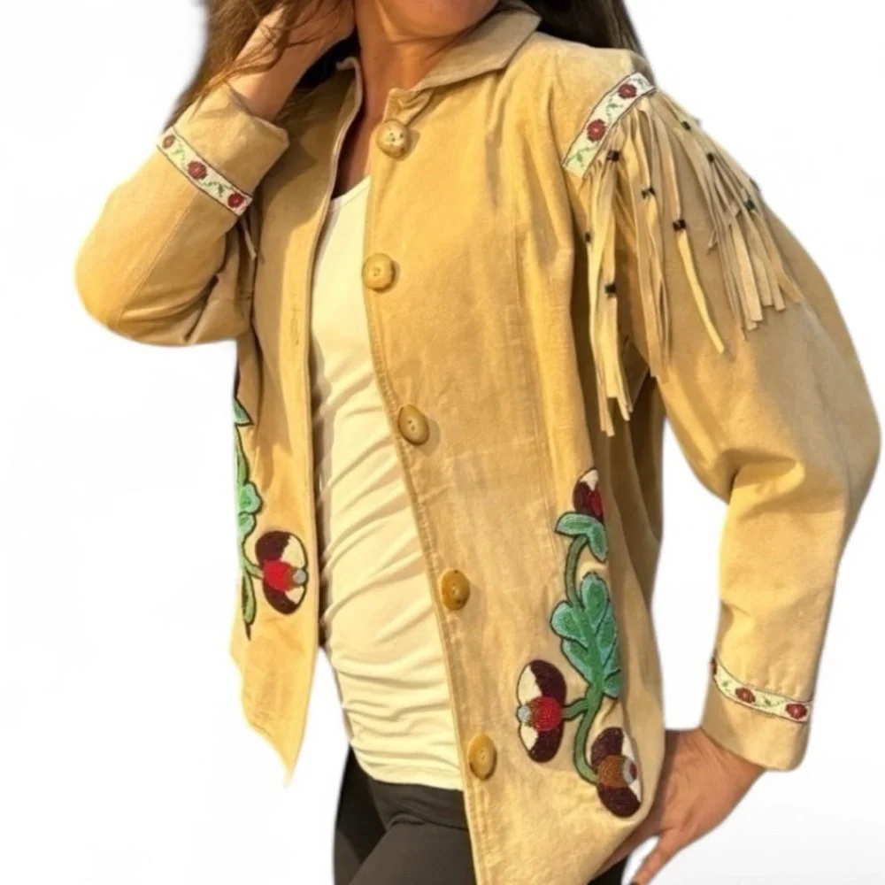 Double D Ranch vintage Beaded Fringe Suede Leather “Telling Stories” Jacket - Picture 7 of 16